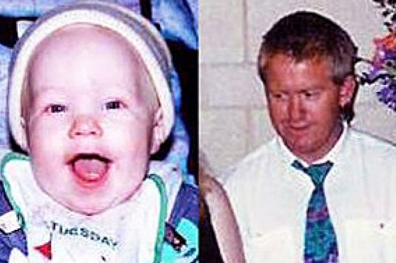 A composite image of a baby and a man