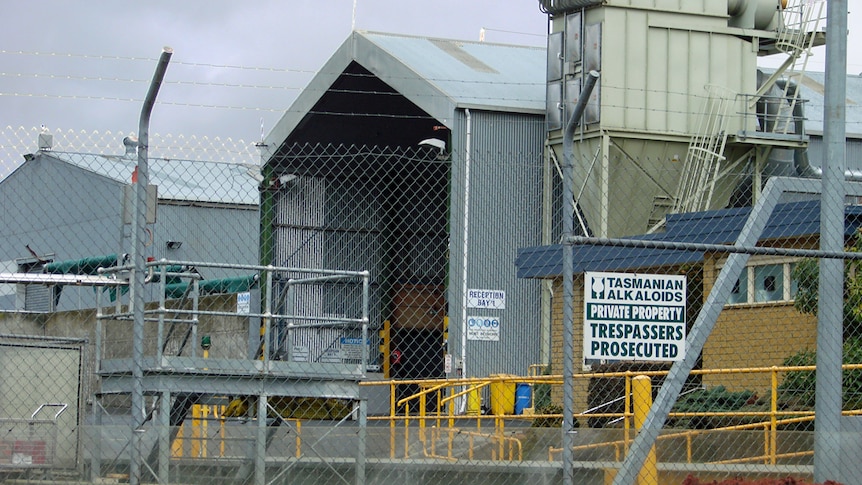 A shed, plant and equipment are part of this Tasmanian Alkaloids factory