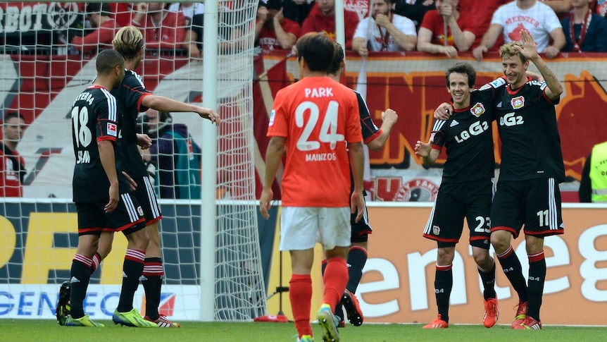 Robbie Kruse celebrates after scoring for Bayer Leverkusen against Mainz 05.