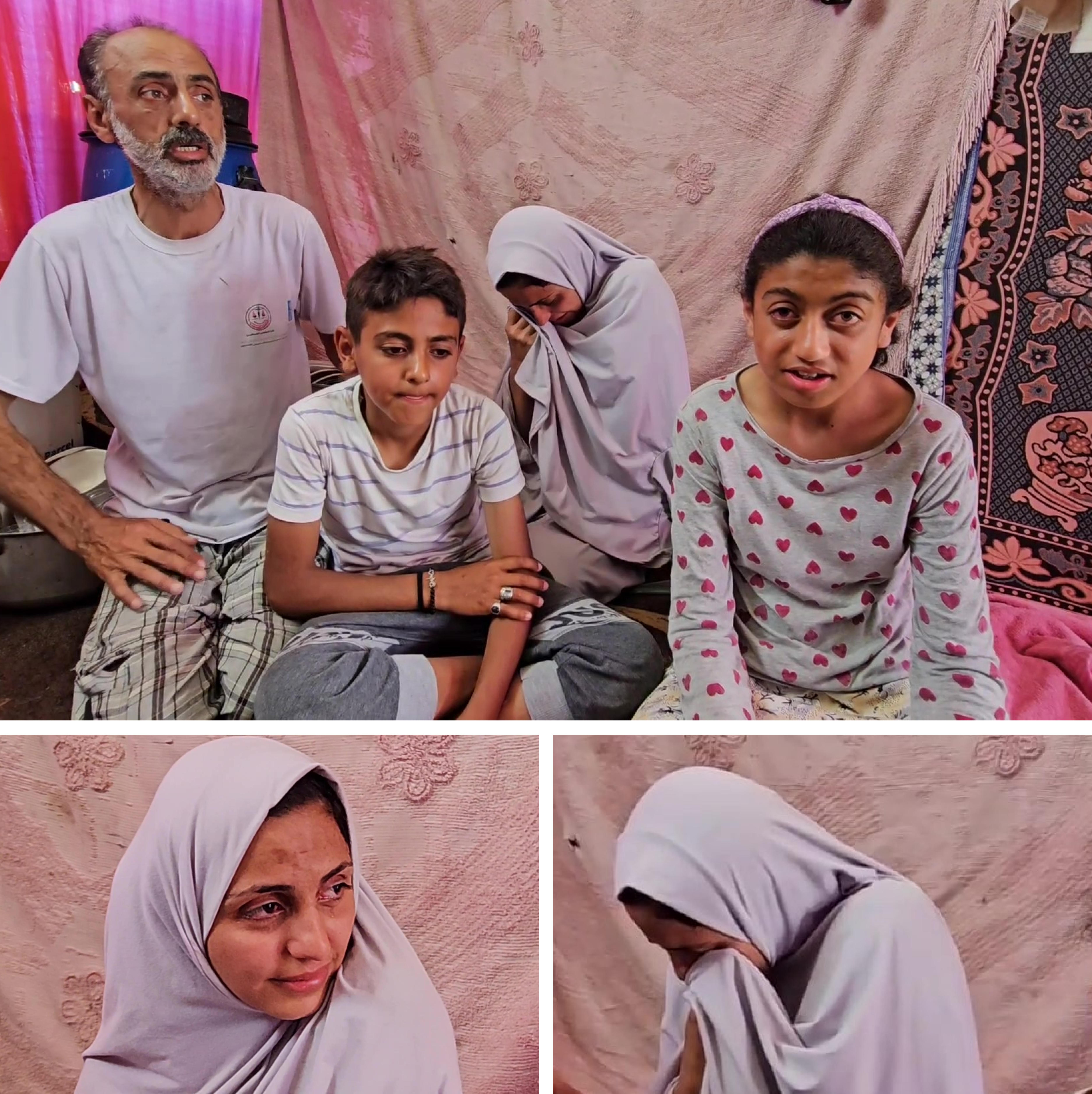 A grid of photos showing a woman wearing a white hijab crying while surrounded by children