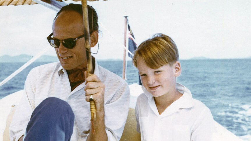 Mark Colvin, aged seven, and his father off the south coast of Malaysia, 1959.