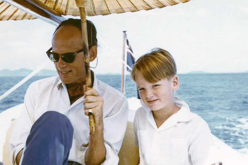 Mark Colvin, aged seven, and his father off the south coast of Malaysia, 1959.