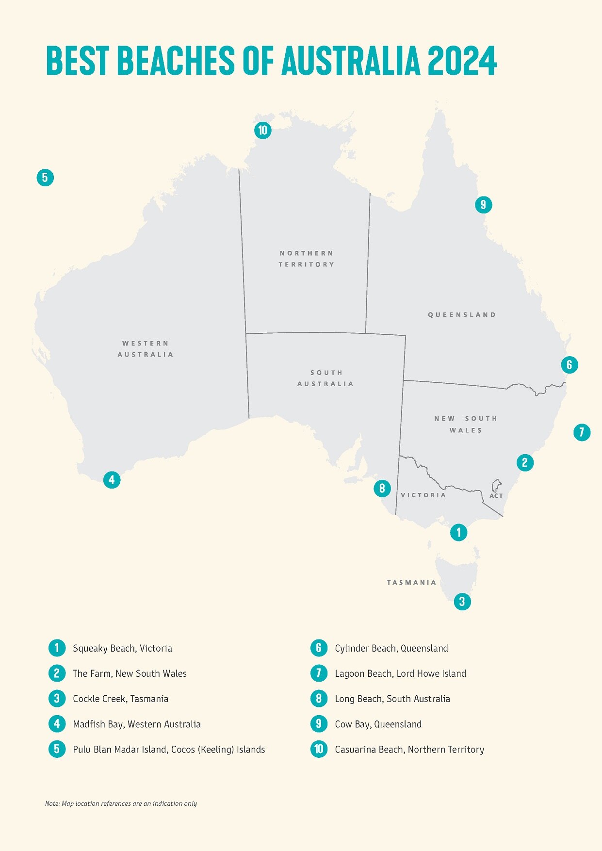 A map of Australia shows the locations of all the top 10 beaches.