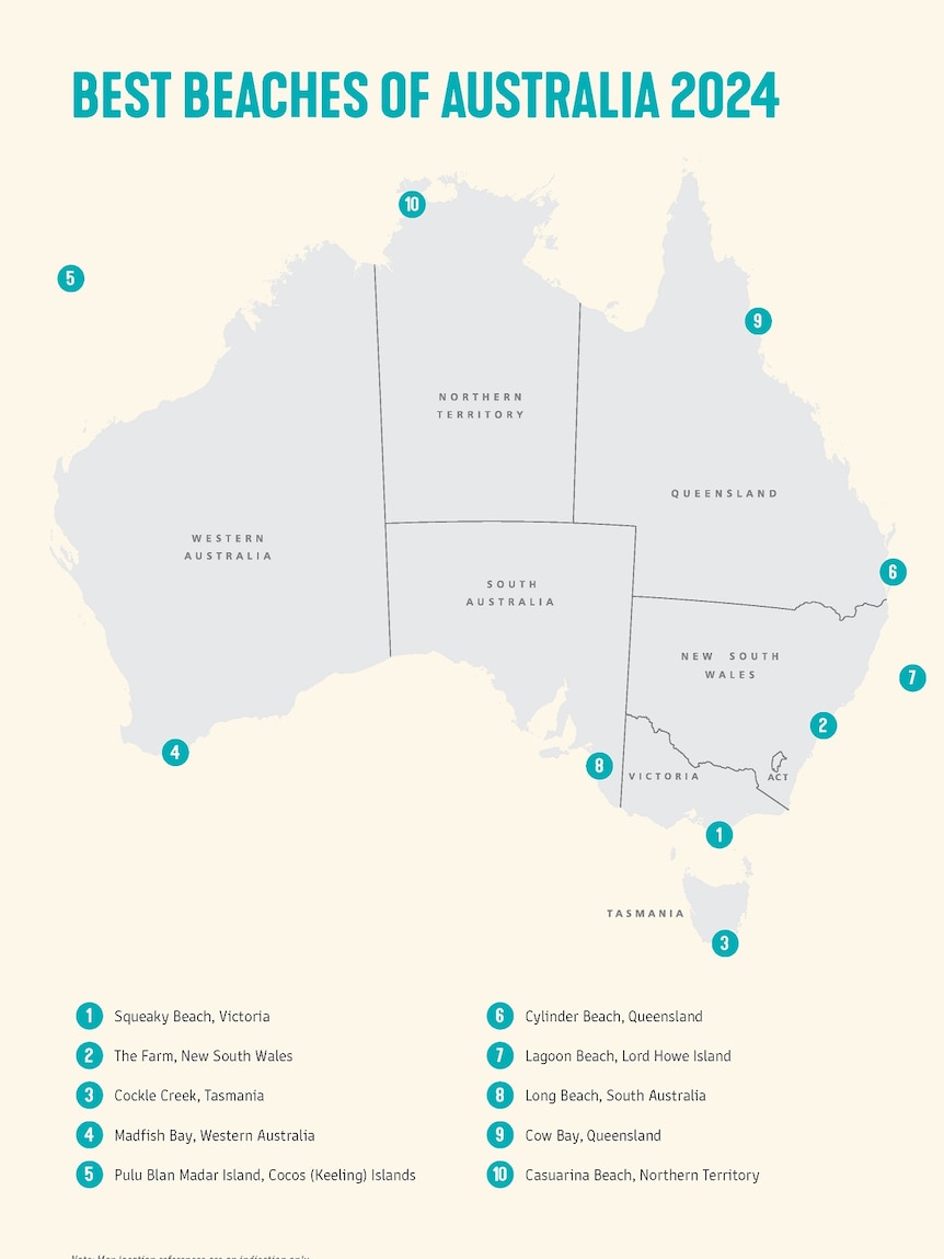 A map of Australia shows the locations of all the top 10 beaches.