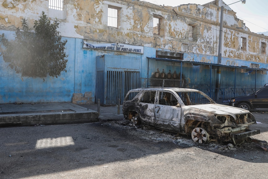 A burned out car. 
