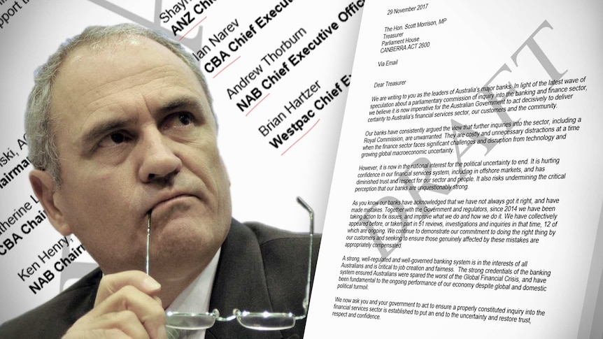 Ken Henry pictured with a draft letter sent to Scott Morrison for approval from all the major banks.