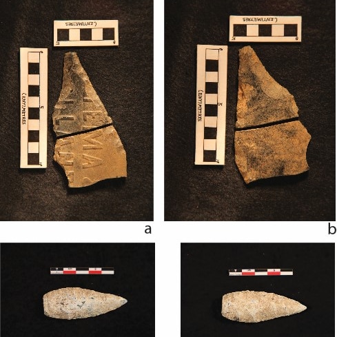 Different aged spearhead pieces photographed as specimens next to measuring rulers.