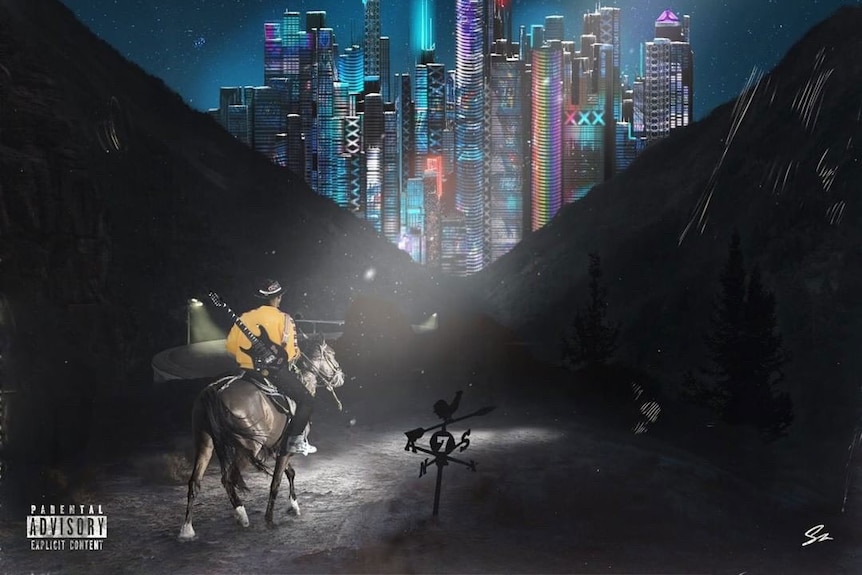 A graphic depicting a man on a horse overlooking a city landscape at night.