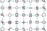 An illustration shows multiple faces, symbols and electronic devices joined by arrows in a complicated flowchart.