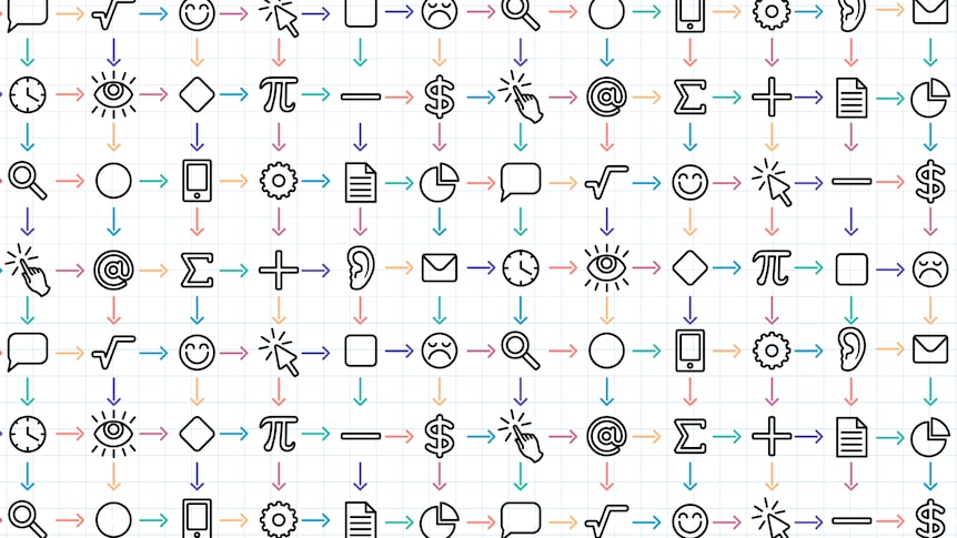 An illustration shows multiple faces, symbols and electronic devices joined by arrows in a complicated flowchart.