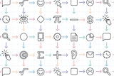 An illustration shows multiple faces, symbols and electronic devices joined by arrows in a complicated flowchart.
