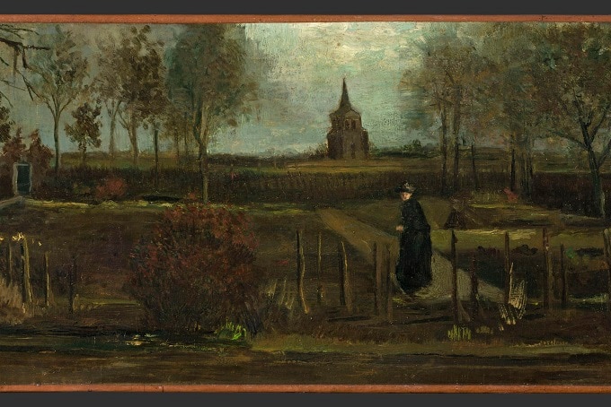a painting of sombre colours depicting a woman in a garden with a church in the background.