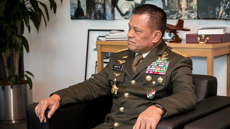 Commander-in-Chief of the Indonesian National Defense Force General Gatot Nurmantyo sits in a chair wearing full uniform.