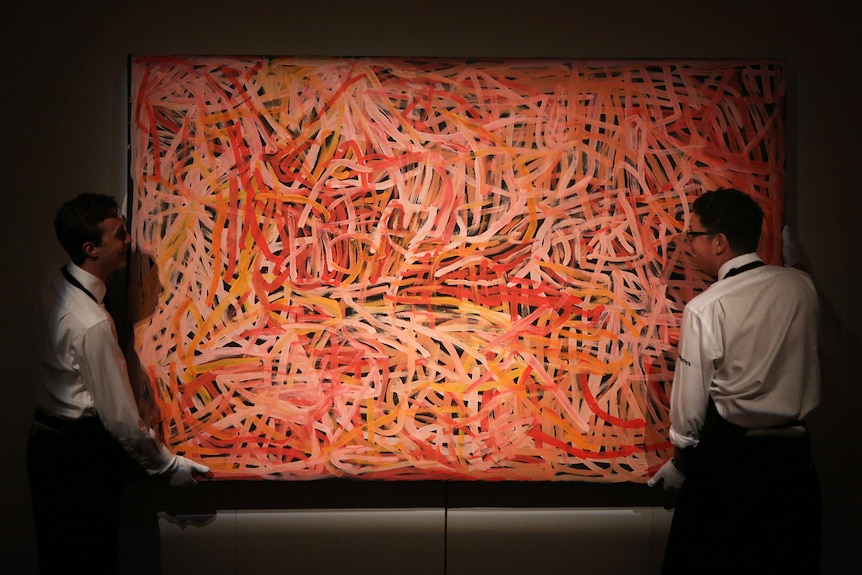 Emily Kame Kngwarreye's 'Wild Yam 2' on display at Sotheby's in London ahead of its Aboriginal Art Sale in 2015.