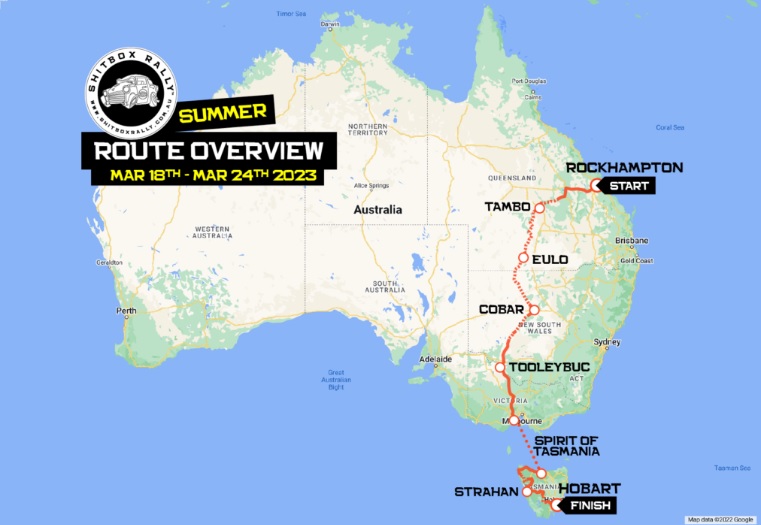 A map of Australia with an orange line marking the route of the car rally from Rockhampton to Hobart.