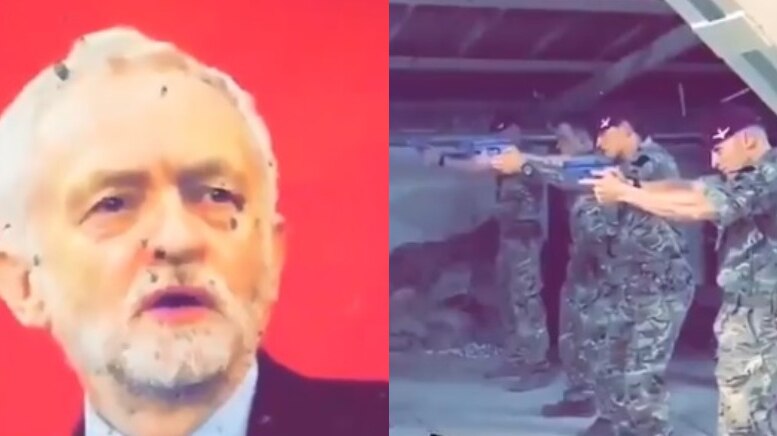 A composite image of Jeremy Corbyn's image with bullet holes on the right, soldiers pointing their guns on the left.