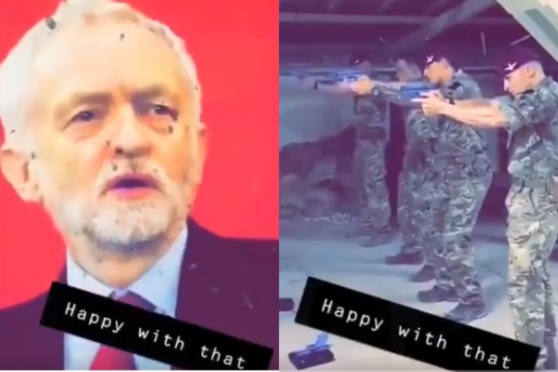 A composite image of Jeremy Corbyn's image with bullet holes on the right, soldiers pointing their guns on the left.