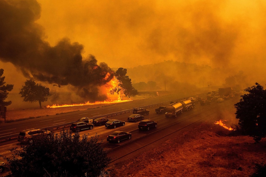 A traffic jam on a highway as a blaze rips up one side of the road.