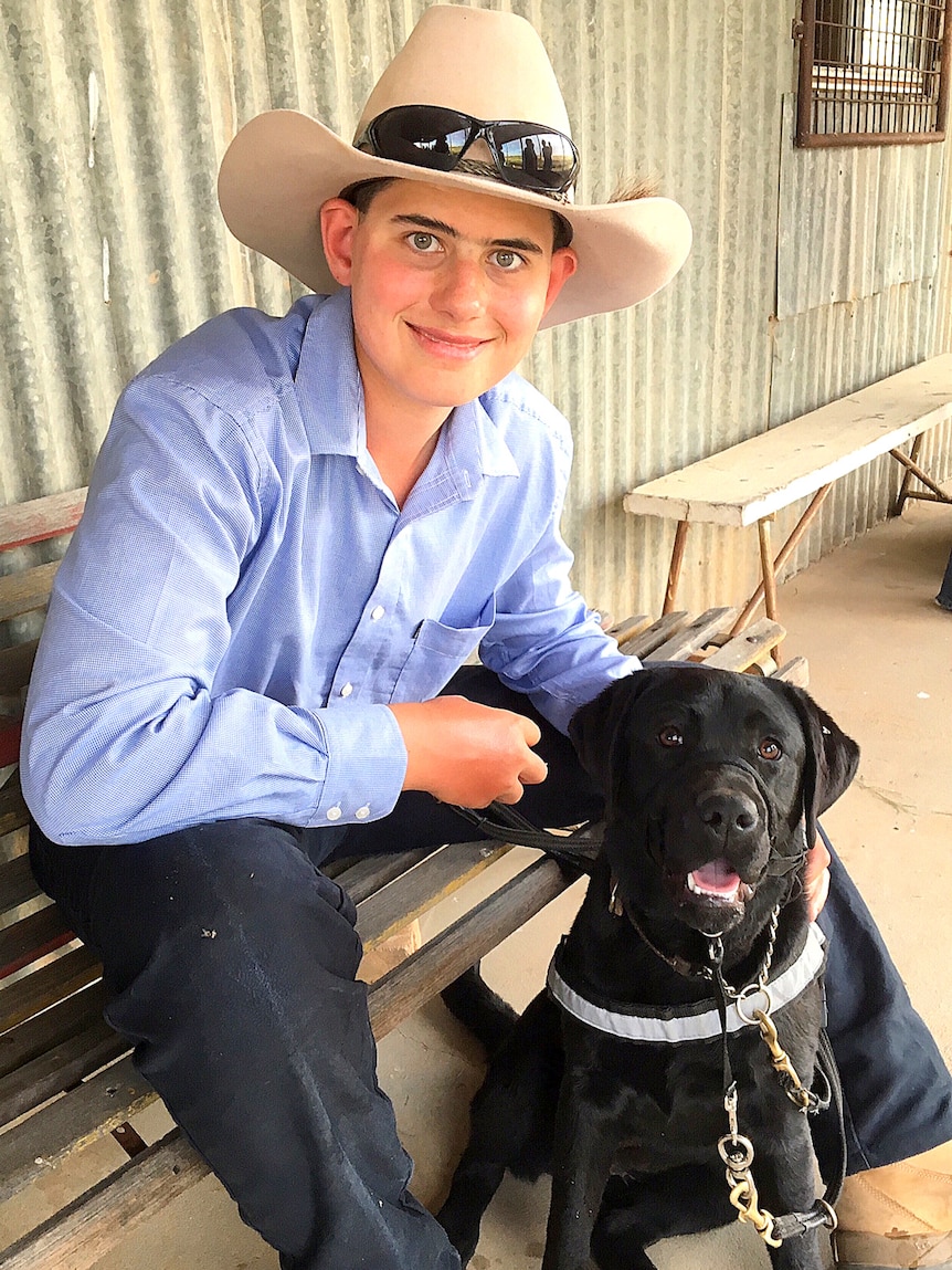 A teenage boy smiles as he sits alongside a black dog in full harness.
