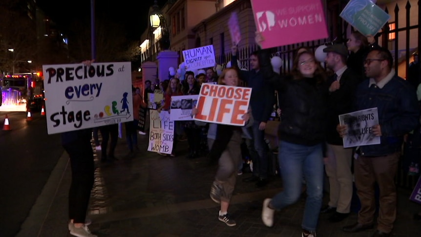 Pro-life protesters hold up signs outside Parliament