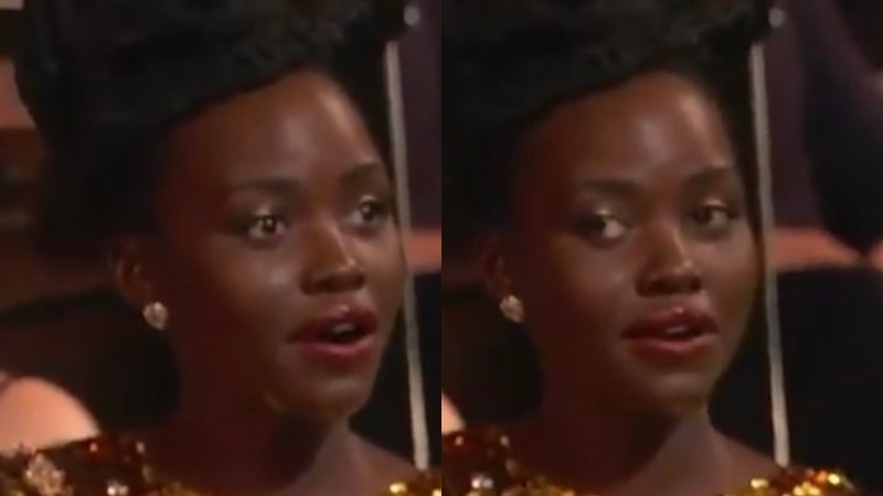 A composite image of Lupita looking to the side with a shocked expression, then looking forward, still shocked.