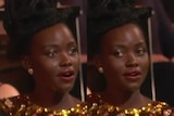 A composite image of Lupita looking to the side with a shocked expression, then looking forward, still shocked.
