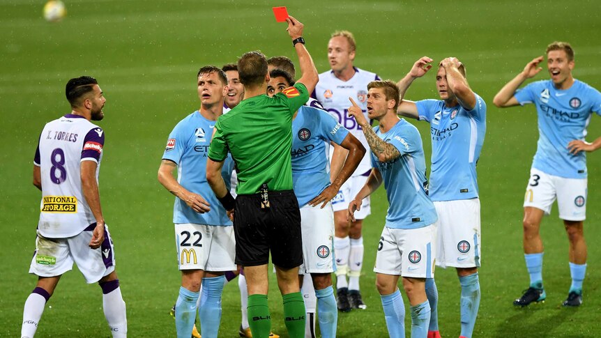 Melbourne City's Osama Malik gets sent off against Perth Glory at AAMI Park.