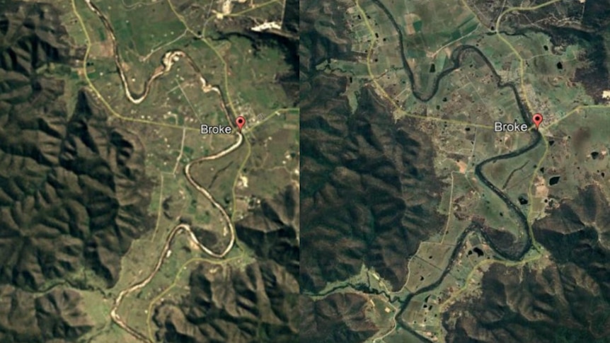 Two satellite images of a brook showing the increase in vegetation over time.