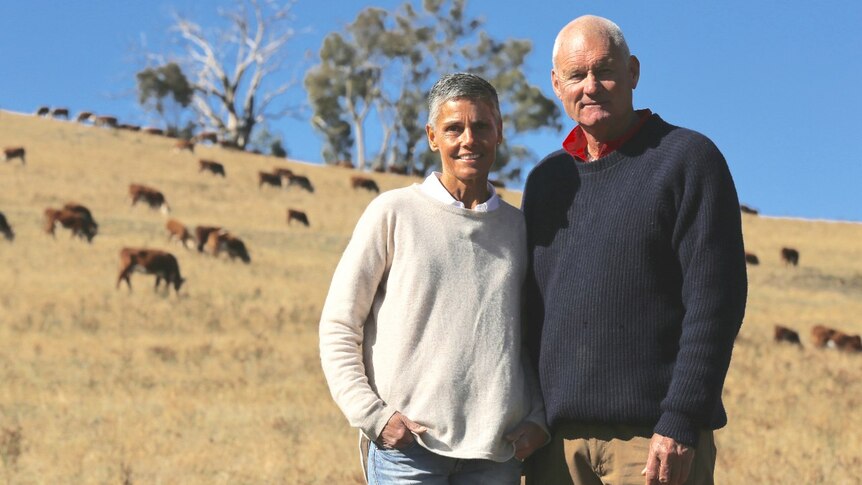 Anna and Michael Coughlan stand in a paddock surrounded by cattle, looking into the camera.