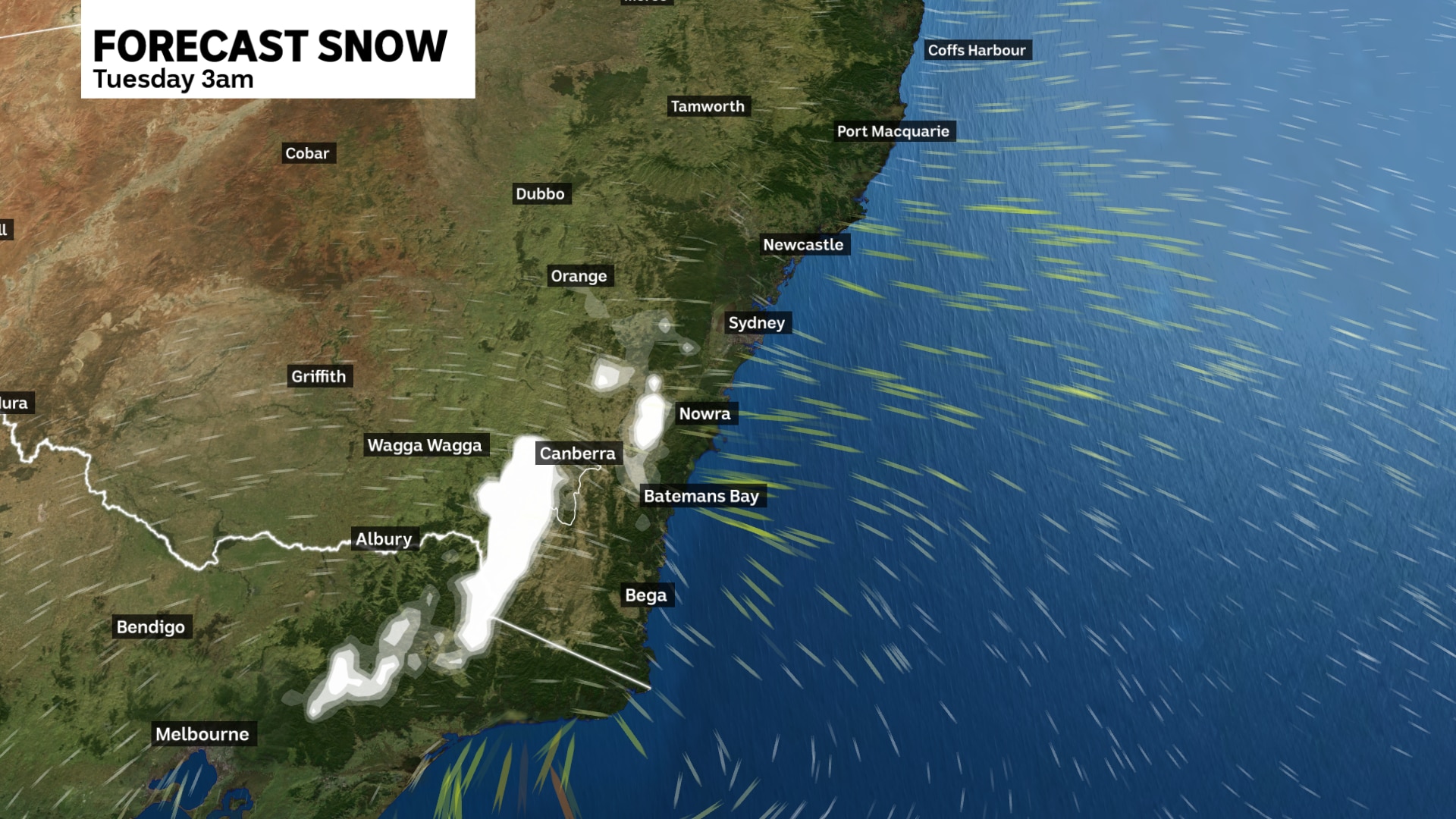 a weather graph and map showing projected snow fall in new south wales and northern victoria