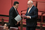 Nick Xenophon talks with George Brandis in the Senate.