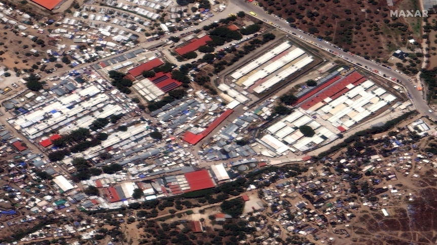 A close-up view of shelters at the Moria refugee camp in Lesbos, Greece.