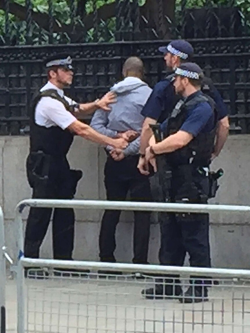 Police detain a man outside the House of Commons, London.