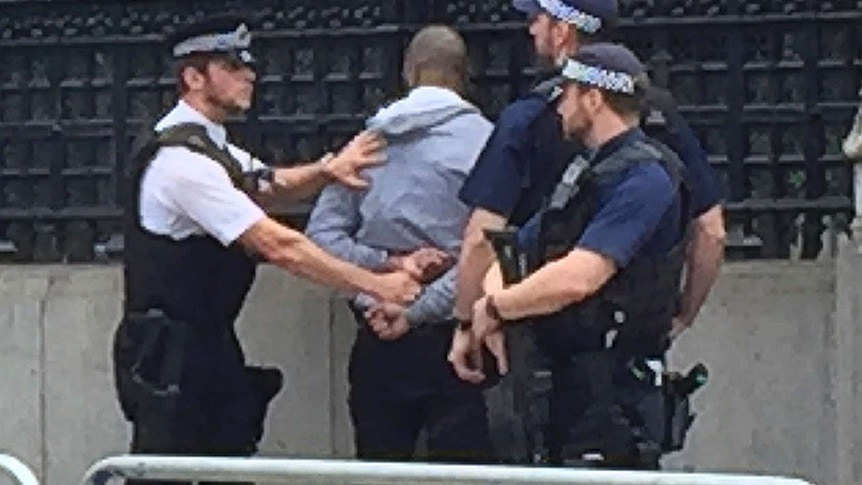 Police detain a man outside the House of Commons, London.