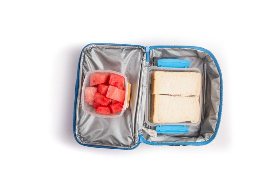 A ham and cucumber sandwich and chopped watermelon in a lunch box.