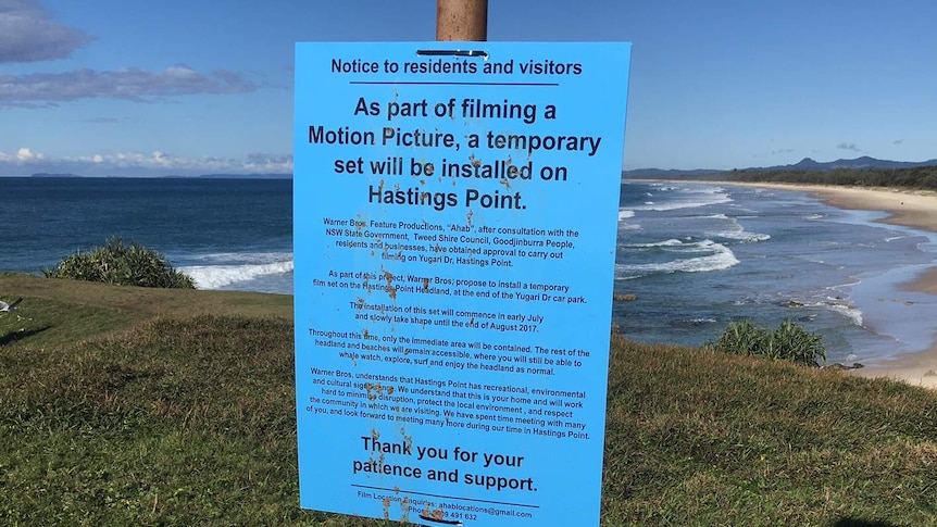 A notice informing Hastings Point residents of a film set for Aquaman by Warner Brothers.