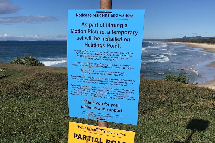 A notice informing Hastings Point residents of a film set for Aquaman by Warner Brothers.