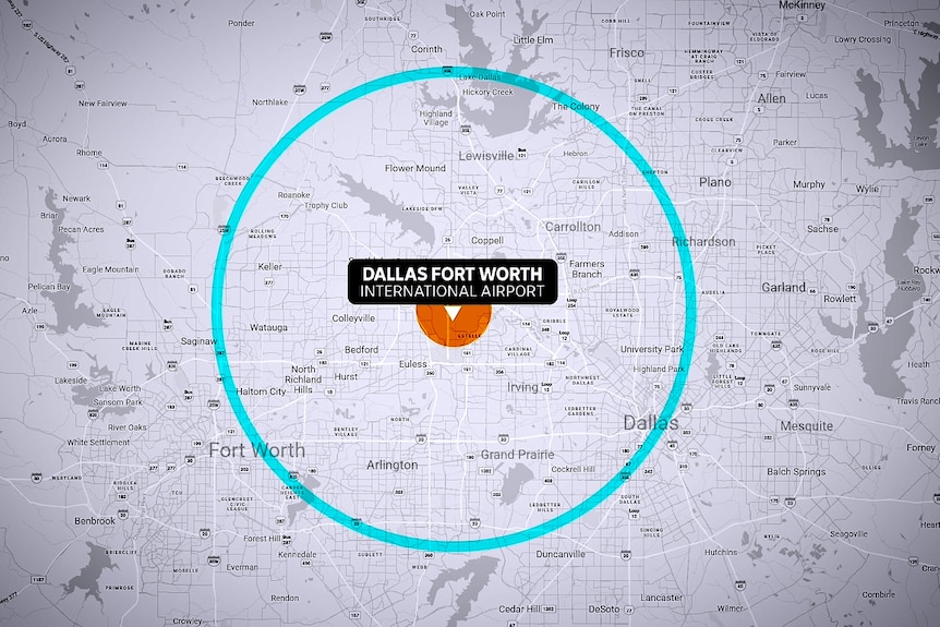 Un gráfico que muestra una zona aprobada para drones alrededor del Aeropuerto Internacional Dallas Fort Worth.