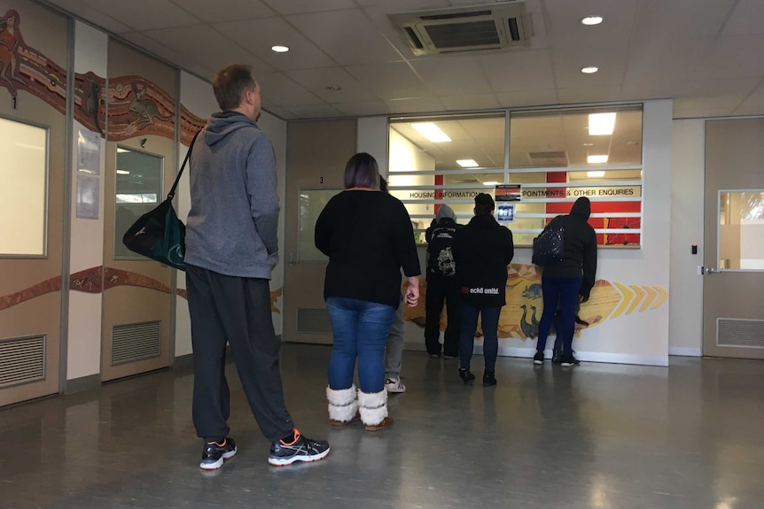 Queue at the Salvos housing information office in Melbourne.