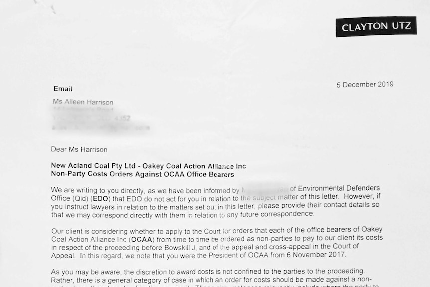 A picture of a letter from legal firm Clayton Utz