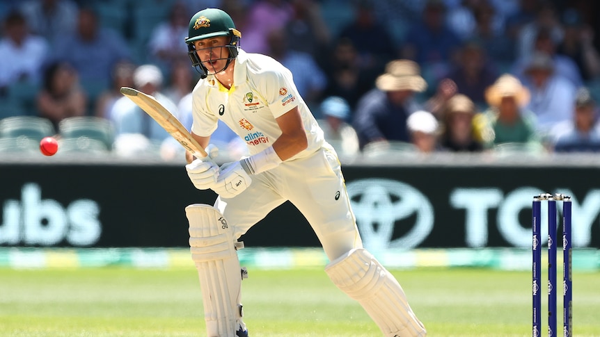 Australia's Marnus Labuschagne calls out for a run as he pushes the ball on the leg-side.
