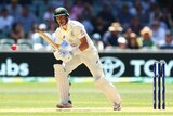 Australia's Marnus Labuschagne calls out for a run as he pushes the ball on the leg-side.