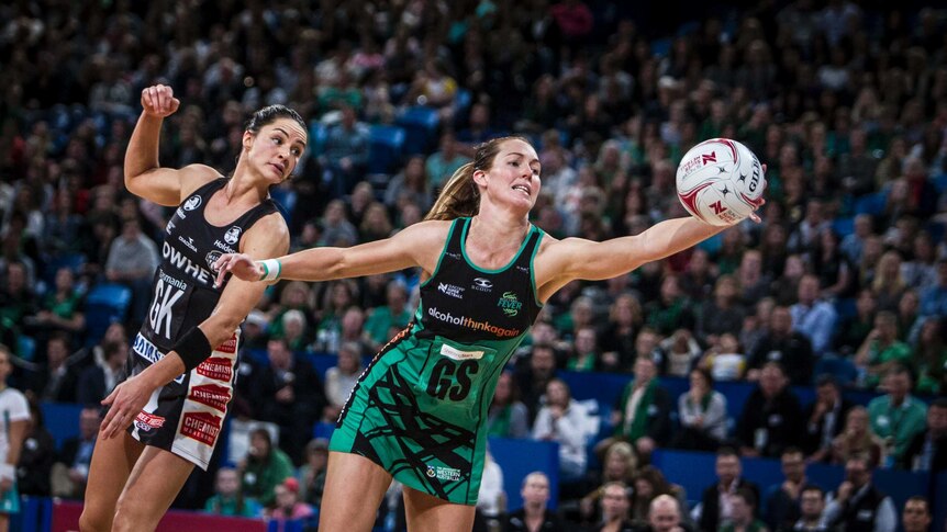 Kate Beveridge of the West Coast Fever and Collingwood Magpies' April Brandley clash at Perth Arena.