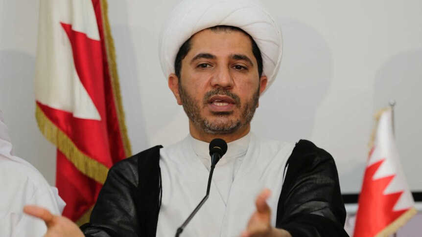 A picture of Sheikh Ali Salman, leader of the main Shiite opposition group Al-Wefaq, speaking in 2014.