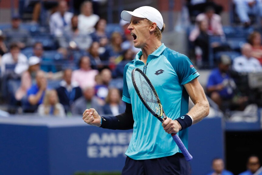 Kevin Anderson screams out after winning a point against Pablo Carreno Busta at the US Open.