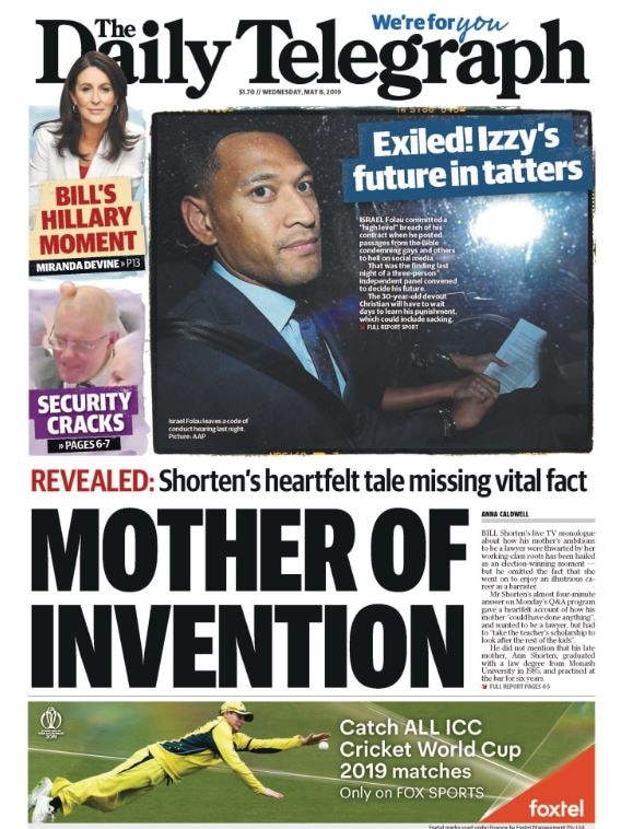 The front page of the Daily Telegraph with the headline "mother of invention"