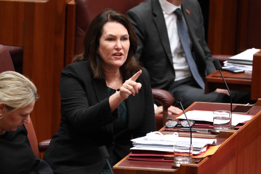 Senator Deborah O'Neill interjects with finger raised during Question Time on March 22, 2018.