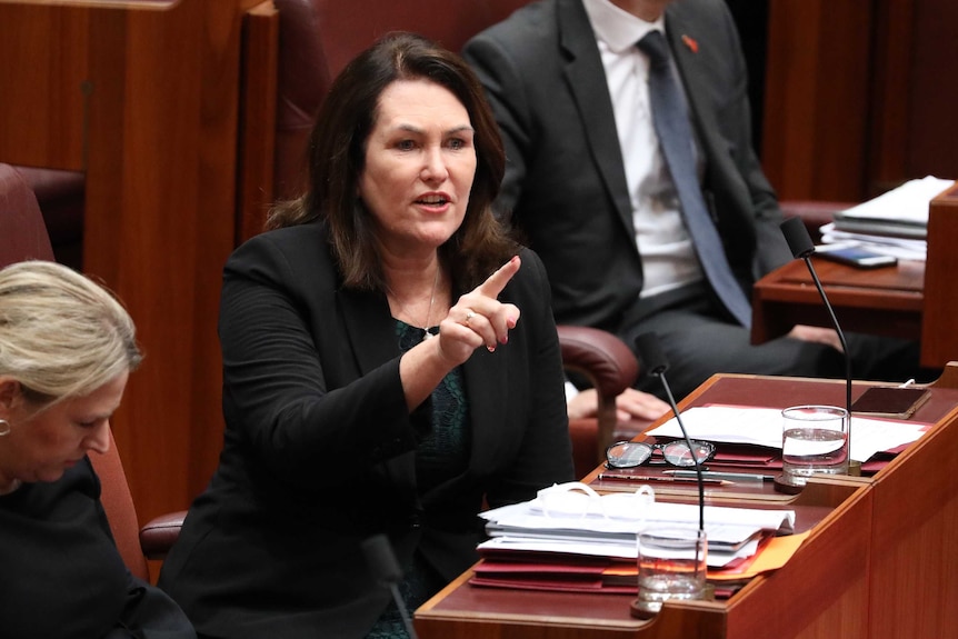 O'Neill is sitting in the Senate chamber with a finger raised and calling out to the government benches.