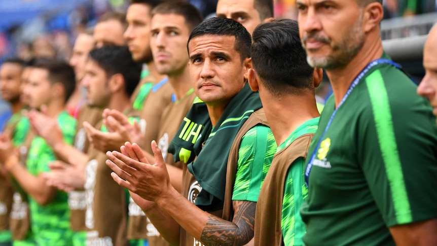 Tim Cahill looks on from the bench