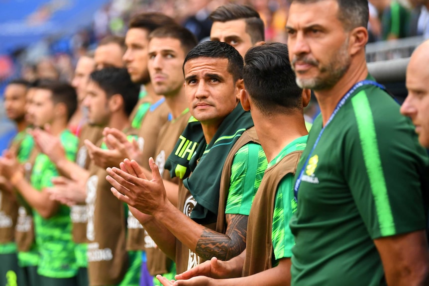 Tim Cahill looks on from the bench